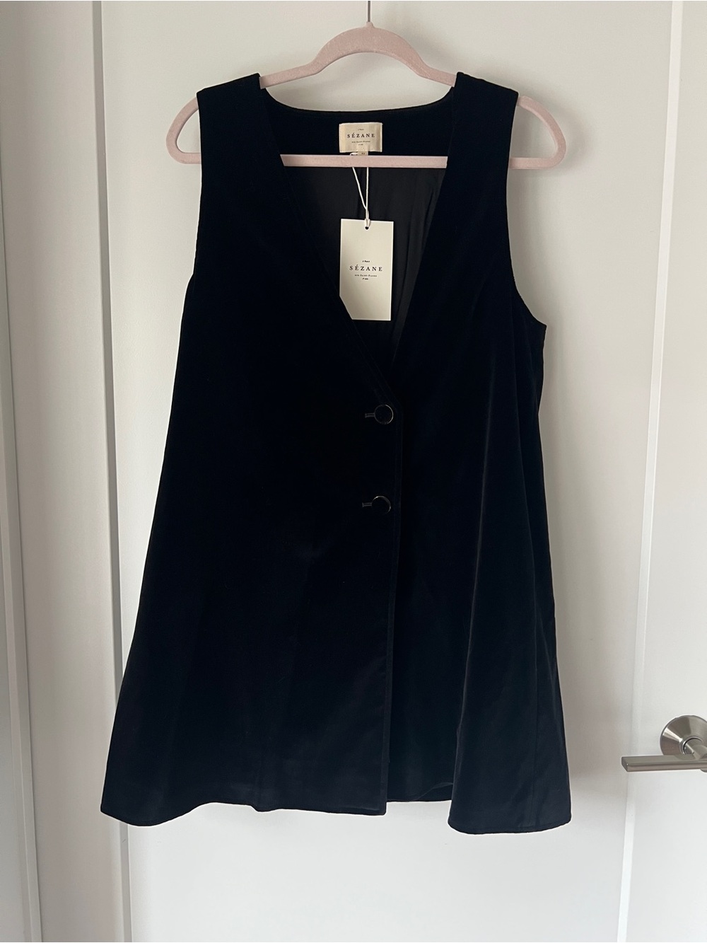Sezane Natty Dress - Black Velvet V-Neck Button Front Dress - NWT!